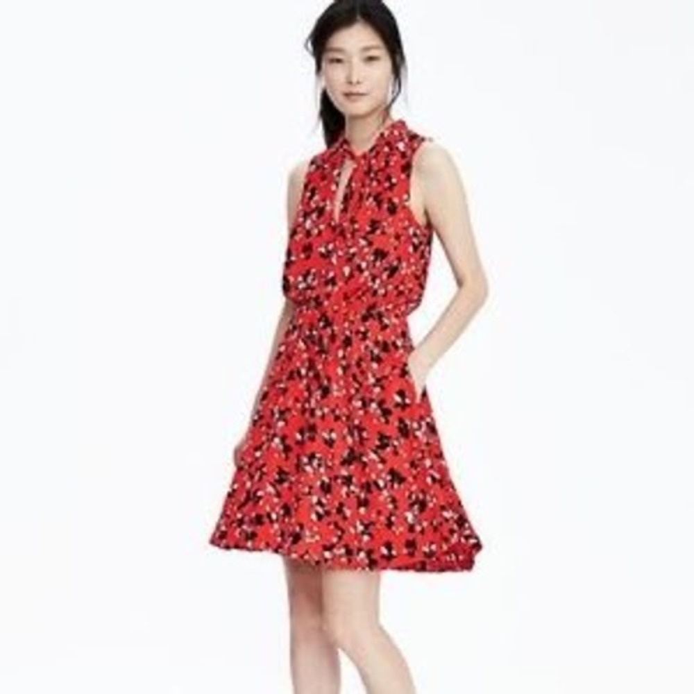 Banana Republic Red Floral Tie Neck Sleeveless Fit and Flare Dress Small